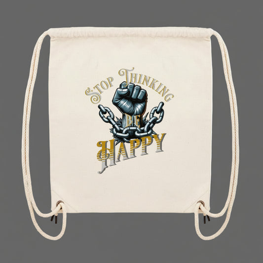Gym Bag im STOP THINKING BE HAPPY Design von TORIPROS aus Bio-Baumwolle und recyceltem Polyester mit verstärktem Kordeltunnel und Metall-Kordelenden-Natur