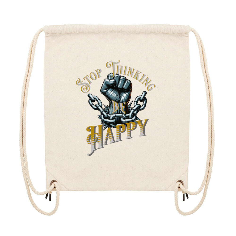 Gym Bag im STOP THINKING BE HAPPY Design von TORIPROS aus Bio-Baumwolle und recyceltem Polyester mit verstärktem Kordeltunnel und Metall-Kordelenden-Natur