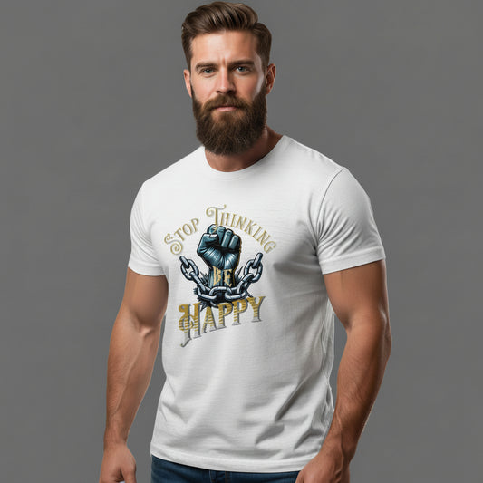 HigherBlanks Premium T-Shirt in Natural Raw mit „STOP THINKING BE HAPPY“-TORIPROS