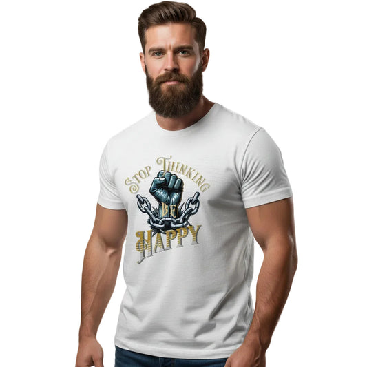HigherBlanks Premium T-Shirt in Natural Raw mit „STOP THINKING BE HAPPY“-TORIPROS