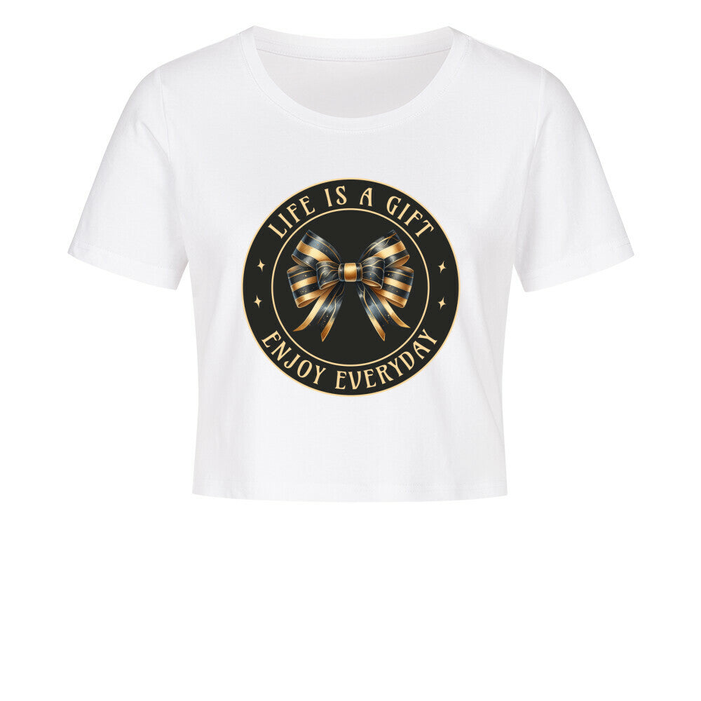 Ladies Cropped Tee in Weiß mit „LIFE IS A GIFT"-TORIPROS