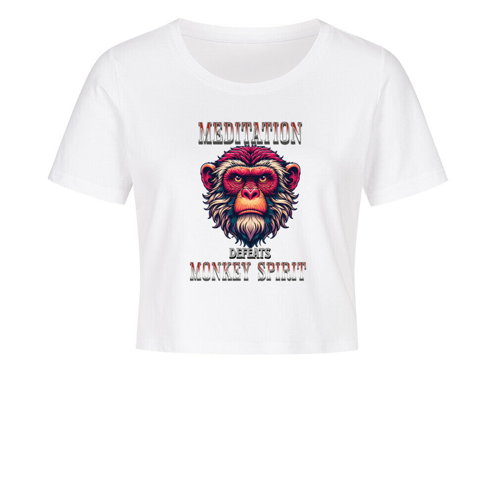 Ladies Cropped Tee in weiss mit „MEDITATION defeats MONKEY SPIRIT“-TORIPROS