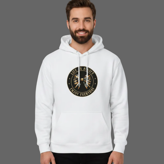 Premium Hoodie in Weiß mit „LIFE IS A GIFT“-TORIPROS