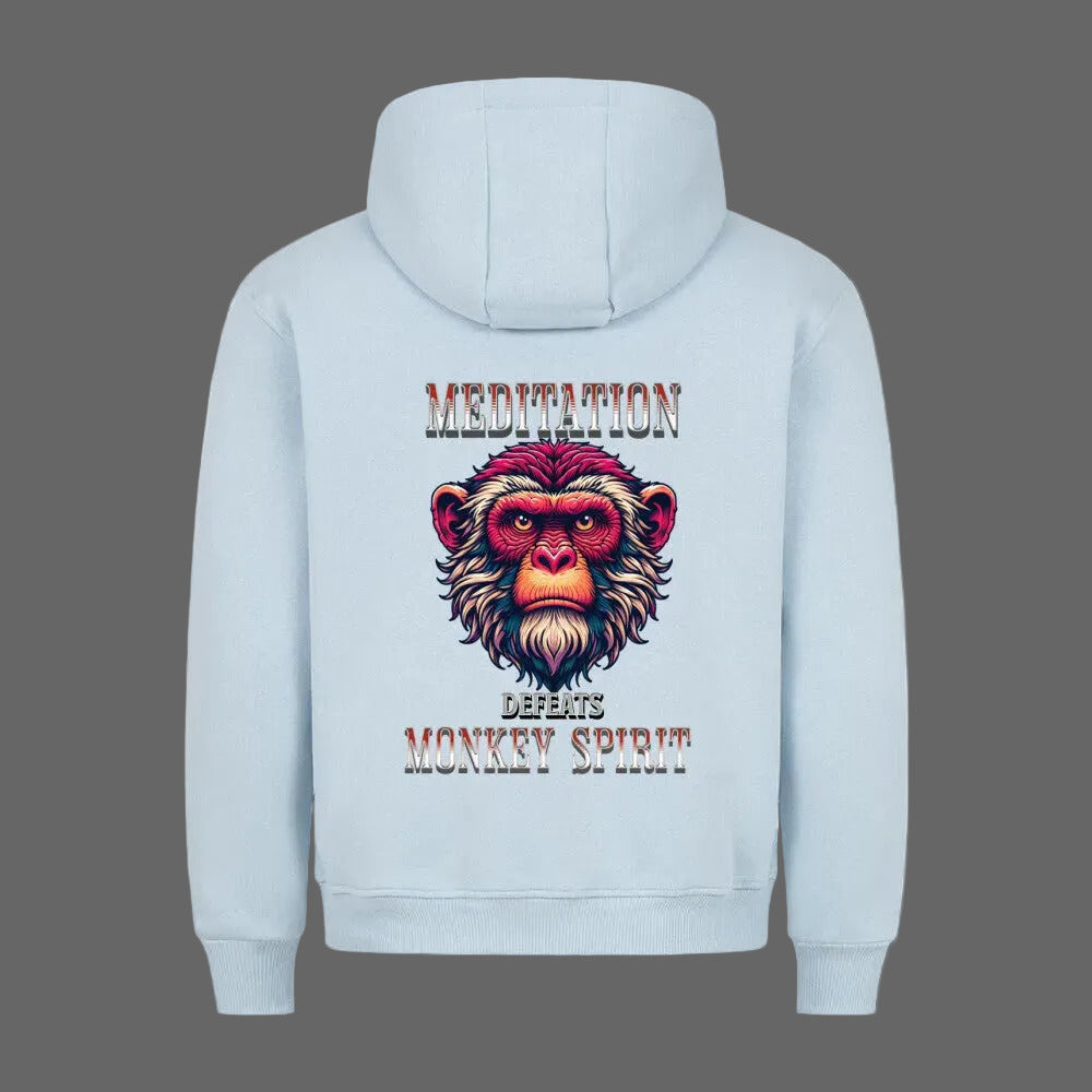 Premium Hoodie in Babyblau mit „MEDITATION defeats MONKEY SPIRIT“-TORIPROS