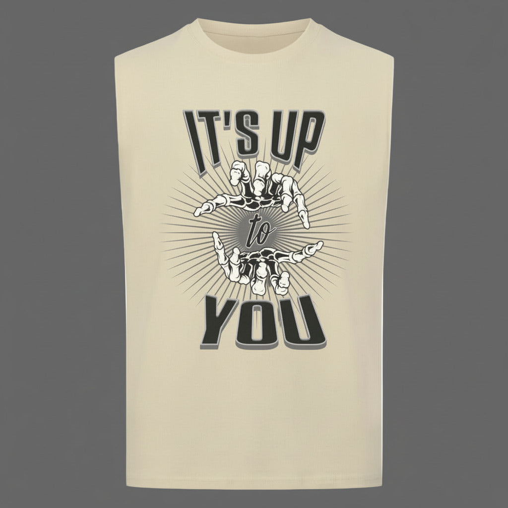 Sleeveless Oversized Tee in Sand mit „IT'S UP TO YOU“-TORIPROS