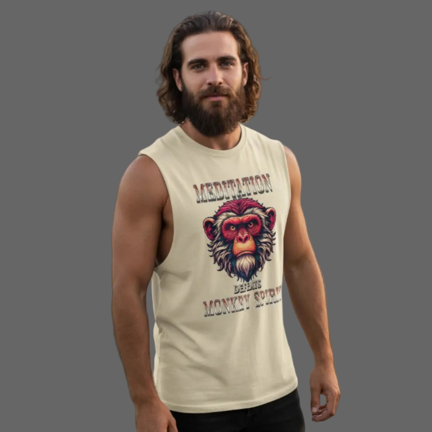 Sleeveless Oversized Tee in sand mit „Meditation defeats MONKEY SPIRIT“-TORIPROS