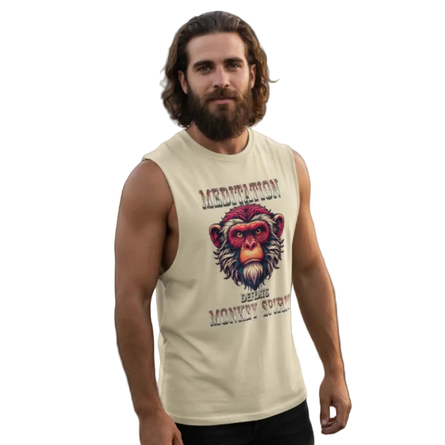 Sleeveless Oversized Tee in sand mit „Meditation defeats MONKEY SPIRIT“-TORIPROS