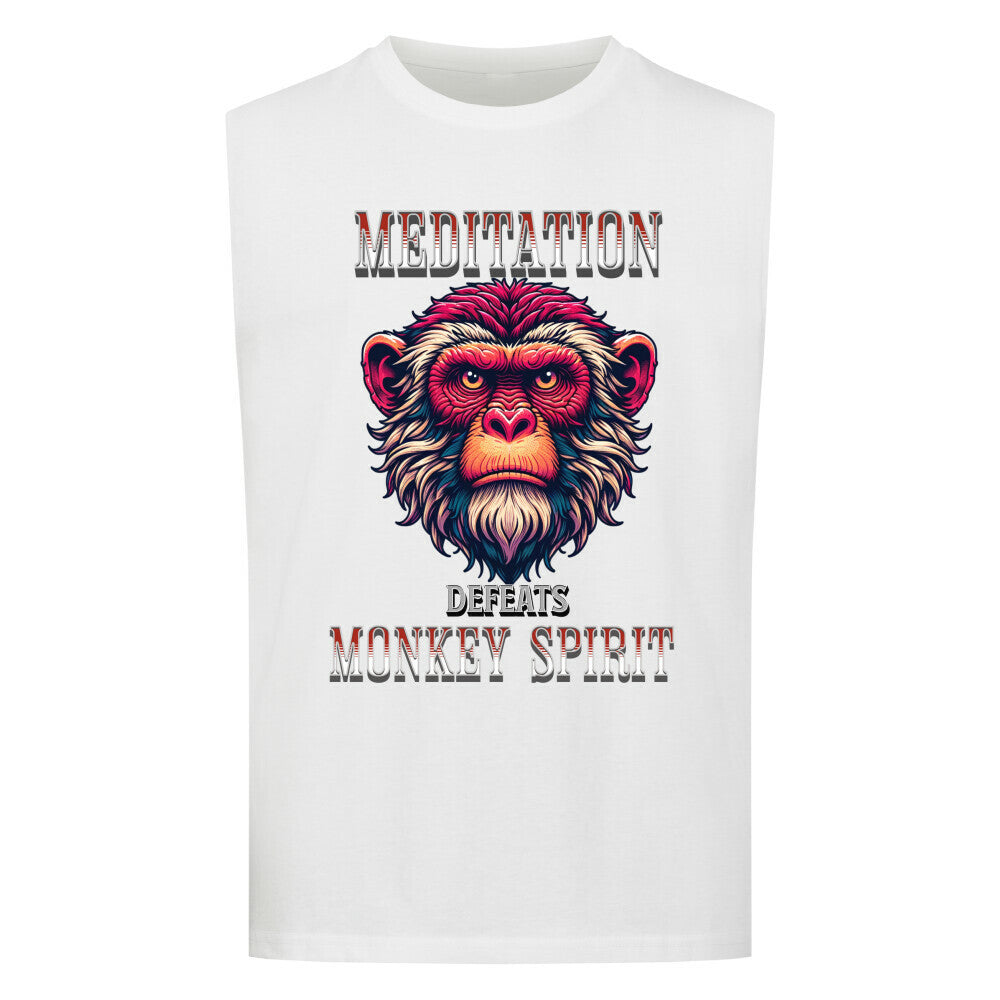 Sleeveless Oversized Tee in weiß mit „Meditation defeats MONKEY SPIRIT“-TORIPROS