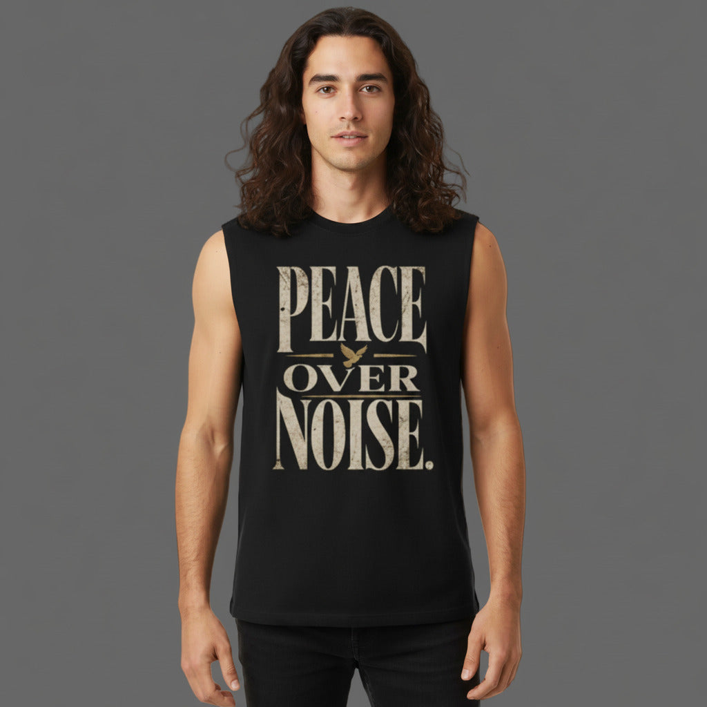 Sleeveless Oversized Tee in schwarz mit „PEACE OVER NOISE“-TORIPROS