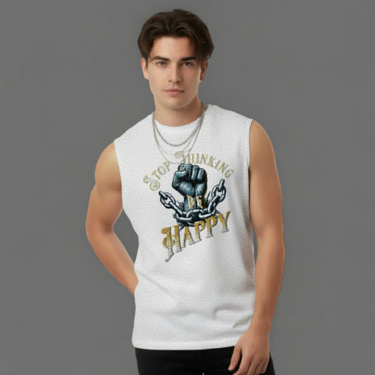 Sleeveless Oversized Tee in Weiß mit „STOP THINKING BE HAPPY“-TORIPROS