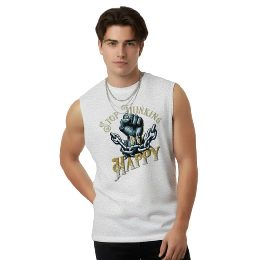 Sleeveless Oversized Tee in Weiß mit „STOP THINKING BE HAPPY“-TORIPROS