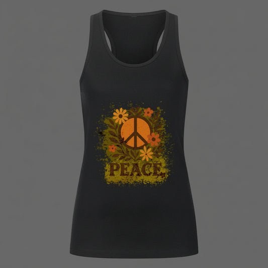 Damen Tanktop aus der Toripros PEACE Kollektion – Flowers PEACE Design in Schwarz, modernes Statement-Piece mit floraler Friedensbotschaft