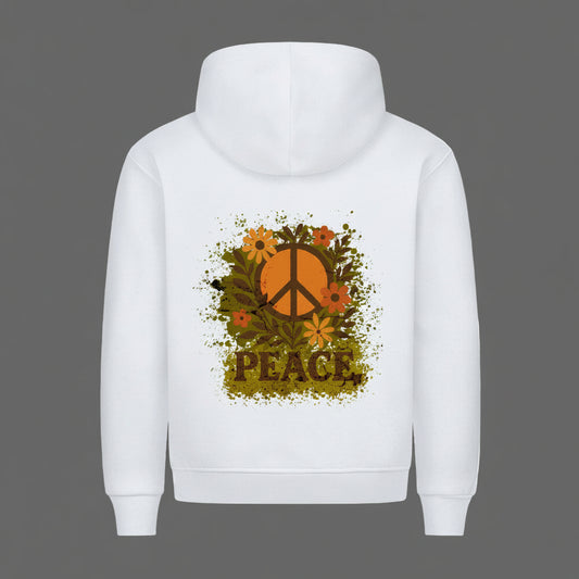 Premium Hoodie aus der Toripros PEACE Kollektion – Flowers PEACE Design in Weiß, nachhaltiges Statement-Piece mit floraler Friedensbotschaft