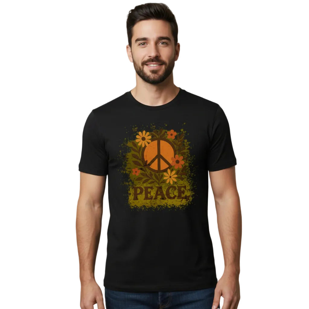 Premium T-Shirt aus der Toripros PEACE Kollektion – Flowers PEACE Design in Schwarz, modernes Statement-Piece mit floraler Friedensbotschaft