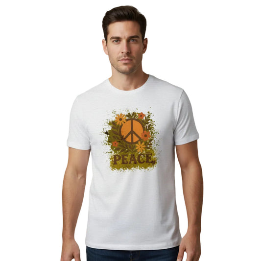 Premium T-Shirt aus der Toripros PEACE Kollektion – Flowers PEACE Design in Weiß, nachhaltiges Statement-Piece mit floraler Friedensbotschaft