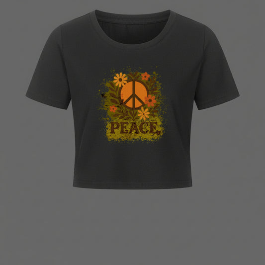 Cropped Damen T-Shirt aus der Toripros PEACE Kollektion – Flowers PEACE Design in Schwarz, modernes Statement-Piece mit floraler Friedensbotschaft
