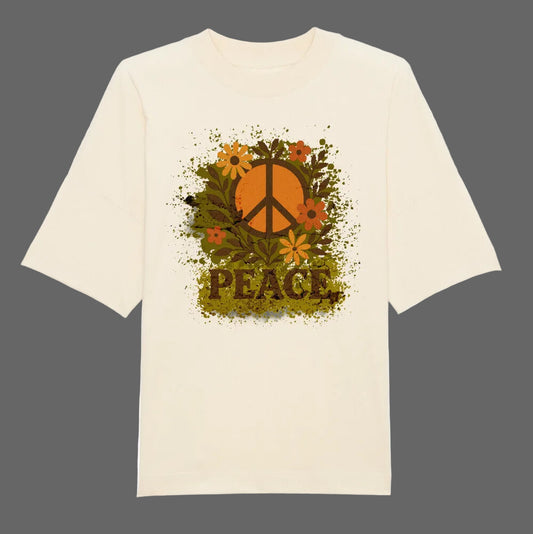 Premium Organic Oversize Blast aus der Toripros PEACE Kollektion – Flowers PEACE Design in Natural Raw, natürliches Statement-Piece mit floraler Friedensbotschaft