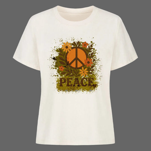 Premium Organic Shirt für Damen aus der Toripros PEACE Kollektion – Flowers PEACE Design in Natural, natürliches Statement-Piece mit floraler Friedensbotschaft