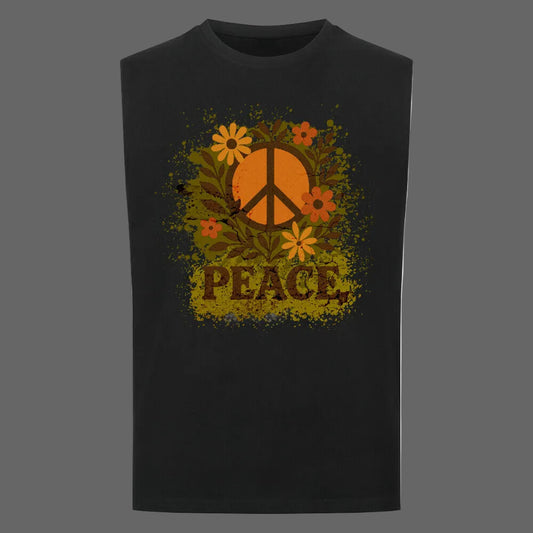 Ärmelloses Oversized T-Shirt aus der Toripros PEACE Kollektion – Flowers PEACE Design in Schwarz, modernes Statement-Piece mit floraler Friedensbotschaft