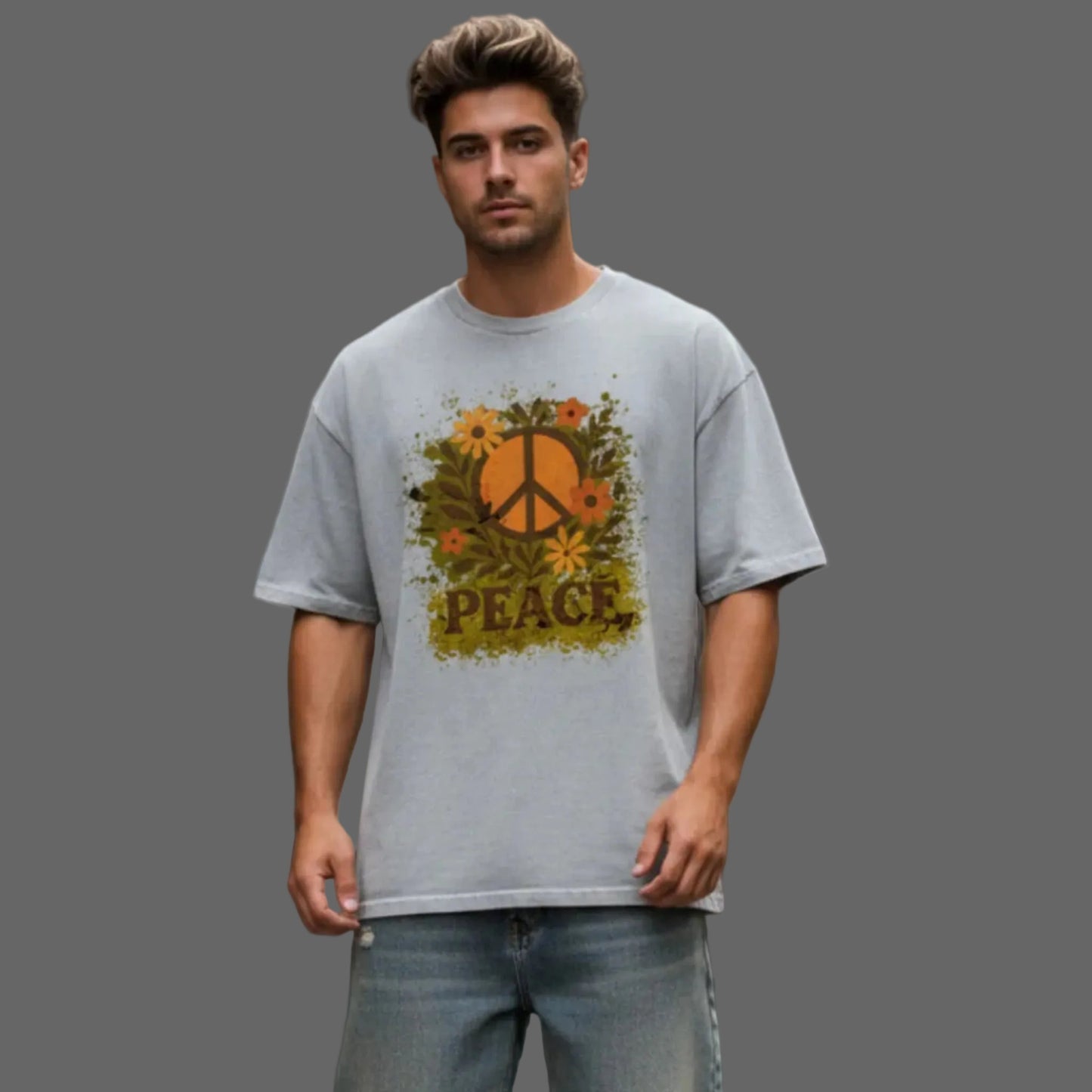 Oversized Shirt aus der Toripros PEACE Kollektion – Flowers PEACE Design in Washed Grey, zeitloses Statement-Piece mit floraler Friedensbotschaft