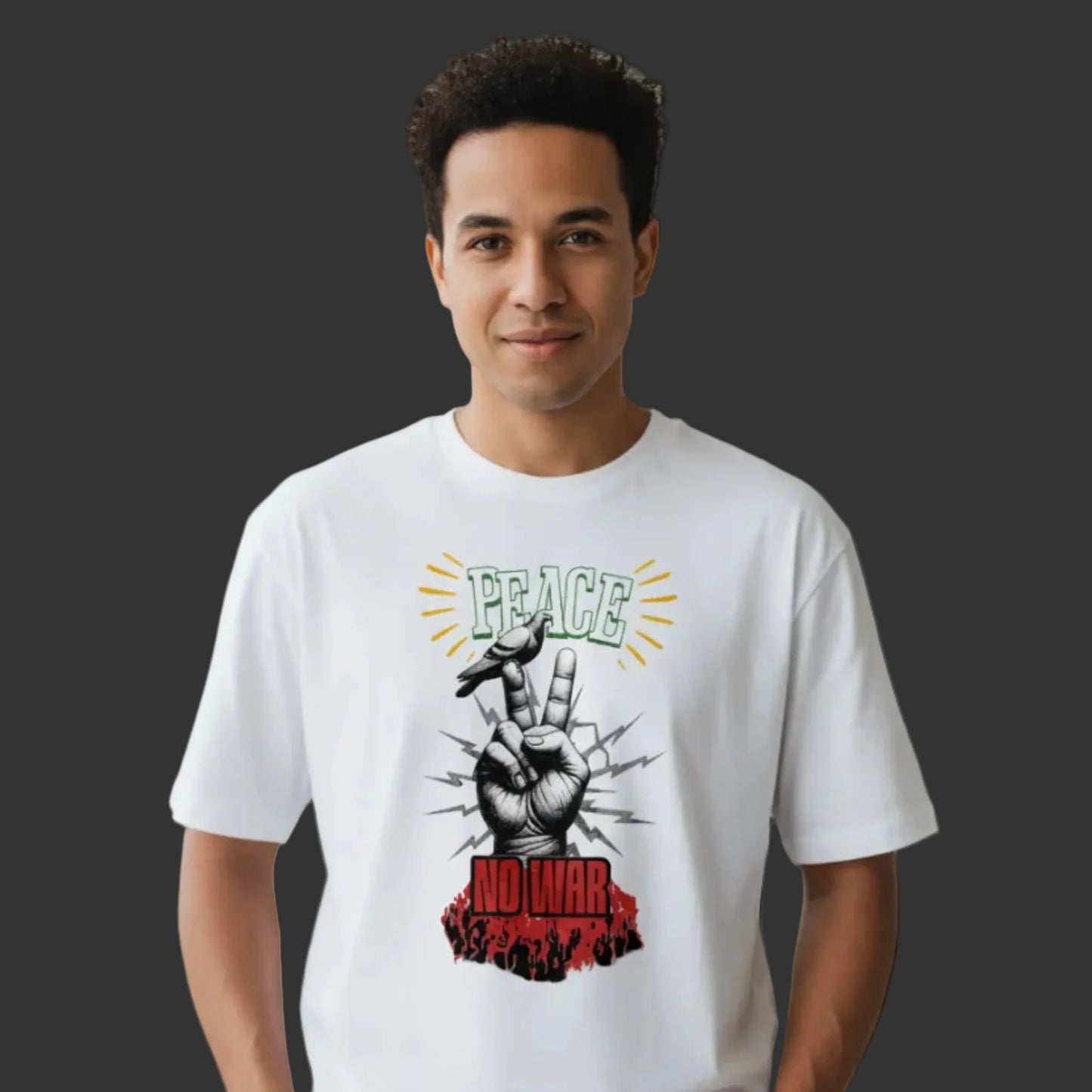 Premium Organic Oversize Blast aus der Toripros PEACE Kollektion – PEACE no WAR Design in Weiß, nachhaltiges Statement-Piece mit klarer Friedensbotschaft