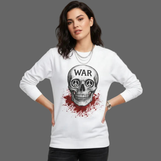 Classic Sweatshirt aus der Toripros PEACE Kollektion – WAR is DEATH Design in Weiß, nachhaltiges Statement für Frieden und zeitlosen Stil