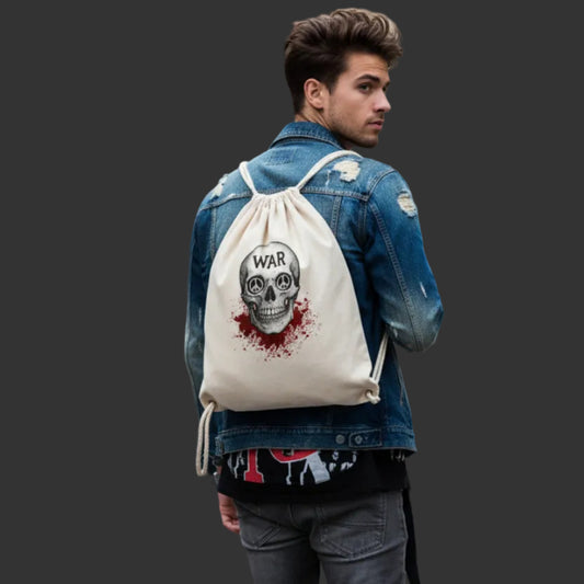 Gym Bag aus der Toripros PEACE Kollektion – WAR is DEATH in Natural, nachhaltiges Statement-Piece für Frieden und Stil