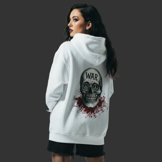 Premium Hoodie aus der Toripros PEACE Kollektion – WAR is DEATH Design in Weiß, nachhaltiges Statement für Frieden und minimalistischen Stil