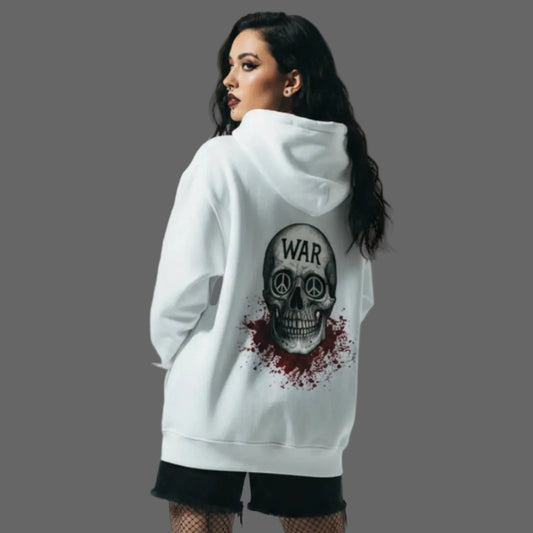 Premium Hoodie aus der Toripros PEACE Kollektion – WAR is DEATH Design in Weiß, nachhaltiges Statement für Frieden und minimalistischen Stil