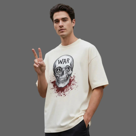 Oversize Premium Organic Shirt aus der Toripros PEACE Kollektion – WAR is DEATH Design Blast in Beige, moderner Style mit friedlicher und bewusster Aussage