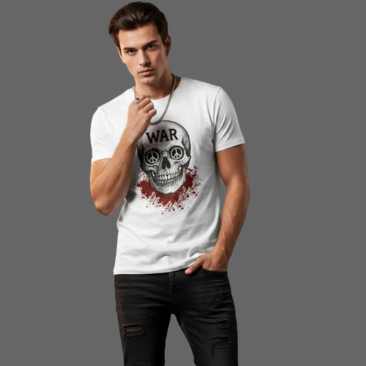 Premium Organic Shirt aus der Toripros PEACE Kollektion – WAR is DEATH Design in Weiß, nachhaltiges Statement für Frieden und bewusstes Design