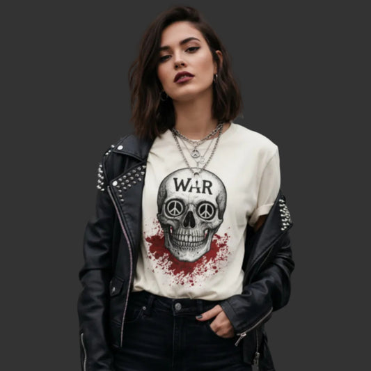 Premium Organic Shirt für Damen aus der Toripros PEACE Kollektion – WAR is DEATH Design in Natural, umweltbewusstes Statement-Piece aus Bio-Baumwolle