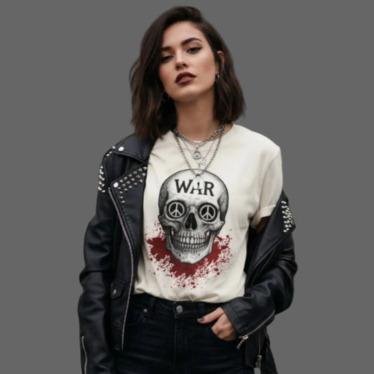 Premium Organic Shirt für Damen aus der Toripros PEACE Kollektion – WAR is DEATH Design in Natural, umweltbewusstes Statement-Piece aus Bio-Baumwolle