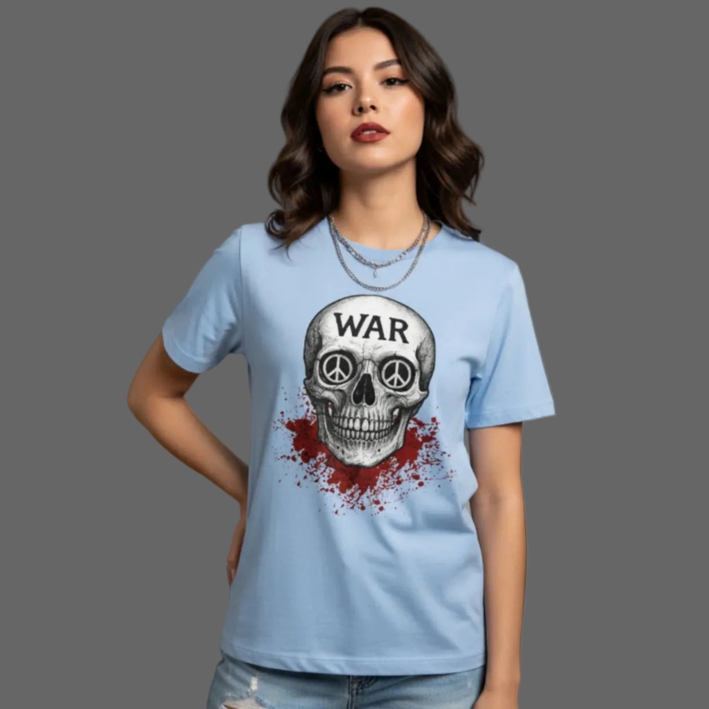 Premium Organic Shirt für Damen aus der Toripros PEACE Kollektion – WAR is DEATH Design in sky blueu, friedliches Statement für Leichtigkeit und Stil
