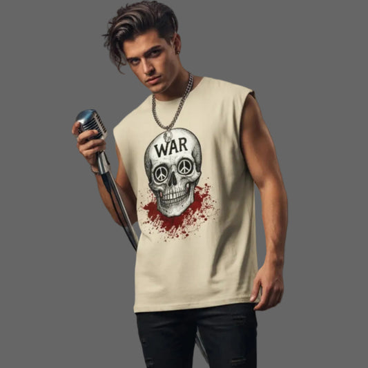 Ärmelloses Oversized T-Shirt aus der Toripros PEACE Kollektion – WAR is DEATH Design in Beige, zeitloses Statement für Frieden und bewussten Stil