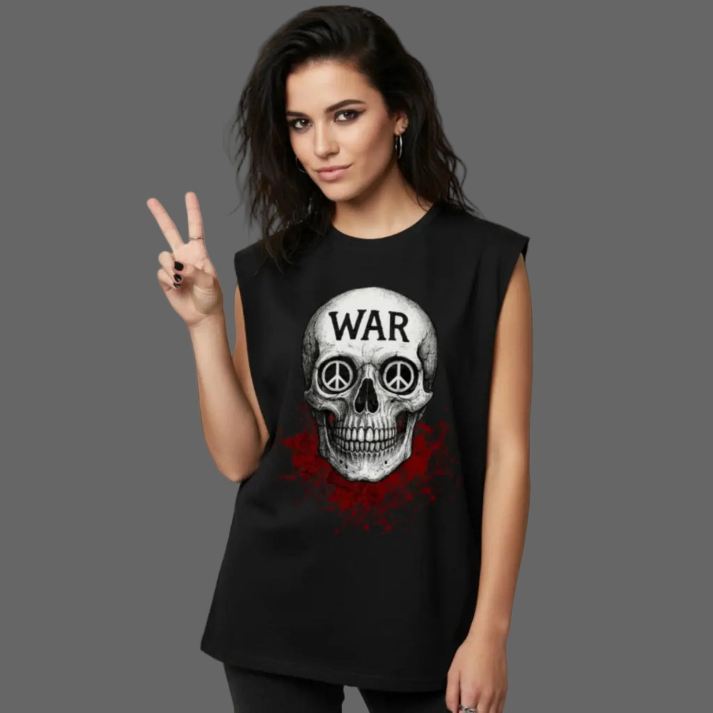 Ärmelloses Oversized T-Shirt aus der Toripros PEACE Kollektion – WAR is DEATH Design in Schwarz, starkes Statement-Piece für Frieden und Nachhaltigkeit