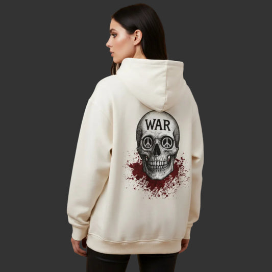 Oversized Hoodie aus der Toripros PEACE Kollektion – WAR is DEATH Design VACANCY in Beige, stylisches Statement-Piece für Frieden und bewusste Mode