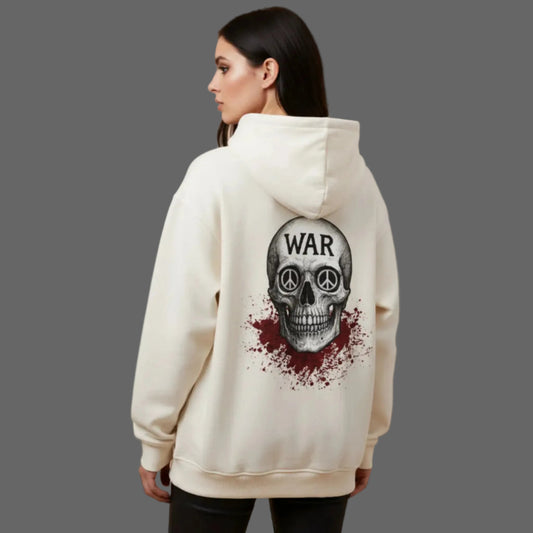 Oversized Hoodie aus der Toripros PEACE Kollektion – WAR is DEATH Design VACANCY in Beige, stylisches Statement-Piece für Frieden und bewusste Mode