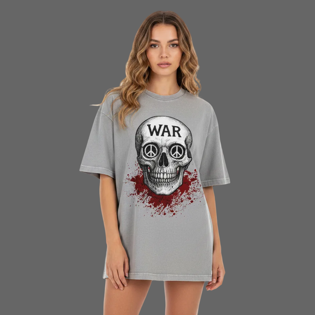 Oversized Shirt aus der Toripros PEACE Kollektion – WAR is DEATH Design VACANCY in washed_grey, Statement für Frieden und Bewusstsein
