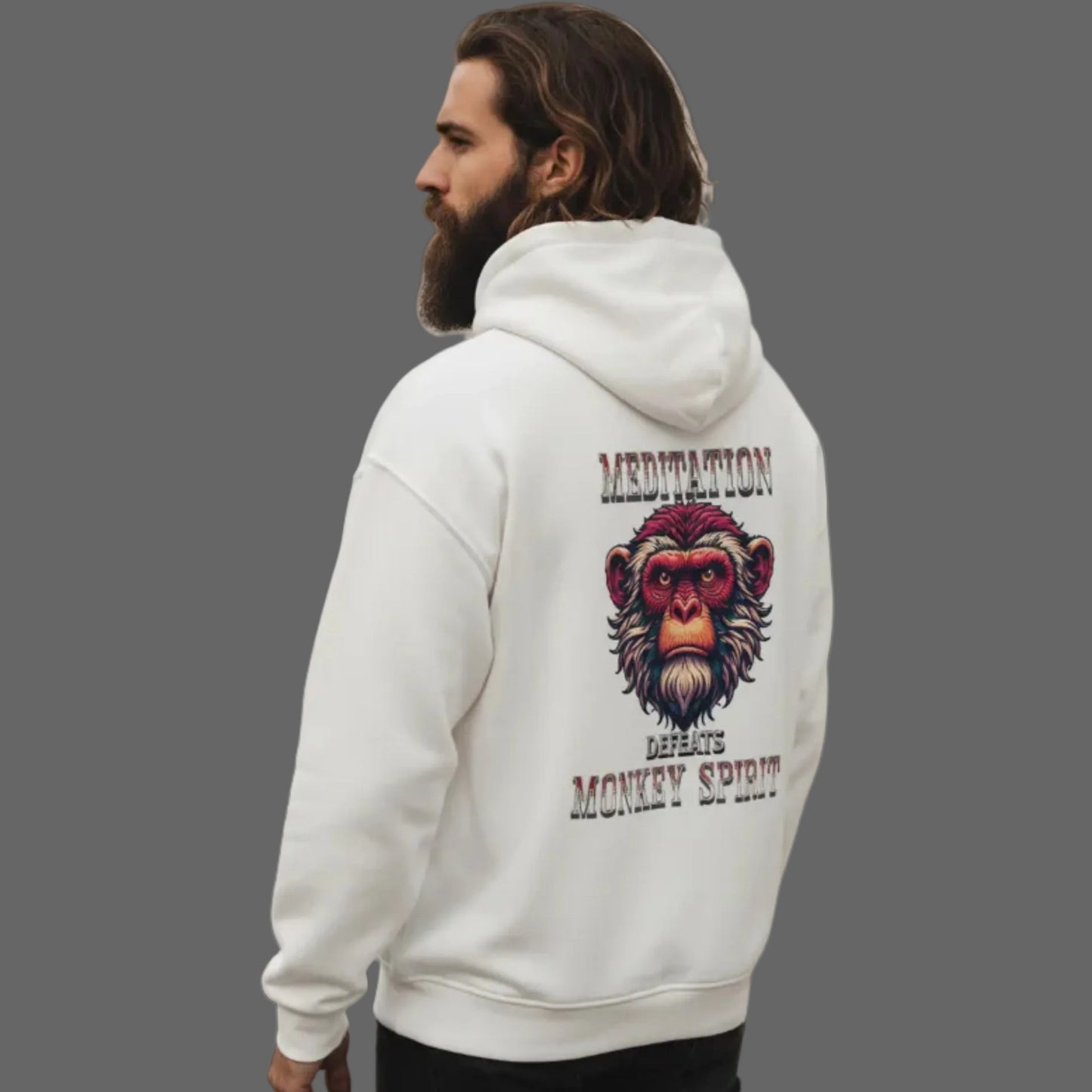 VACANCY Oversized Hoodie in Weiß mit „MEDITATION defeats MONKEY SPIRIT“-TORIPROS