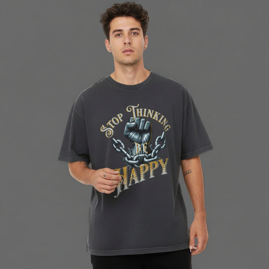 VACANCY Oversized Shirt in Washed Grey mit „STOP THINKING BE HAPPY“-TORIPROS