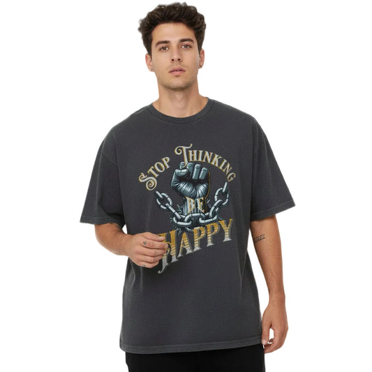 VACANCY Oversized Shirt in Washed Grey mit „STOP THINKING BE HAPPY“-TORIPROS