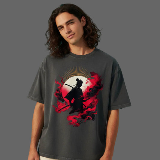 VACANCY Oversized Shirt in Washed Black mit „Samurai-Mythos“-TORIPROS