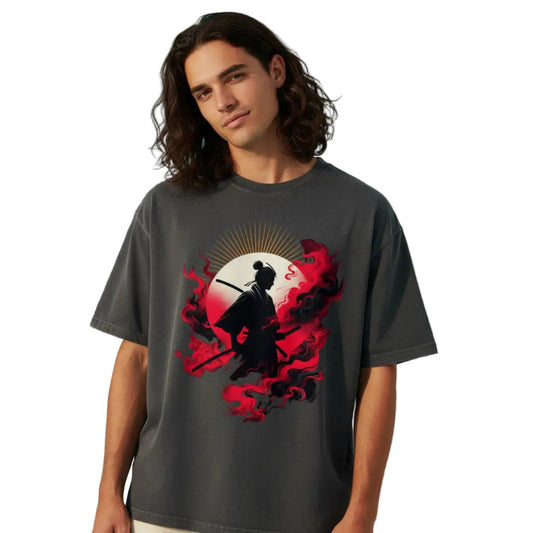 VACANCY Oversized Shirt in Washed Black mit „Samurai-Mythos“-TORIPROS
