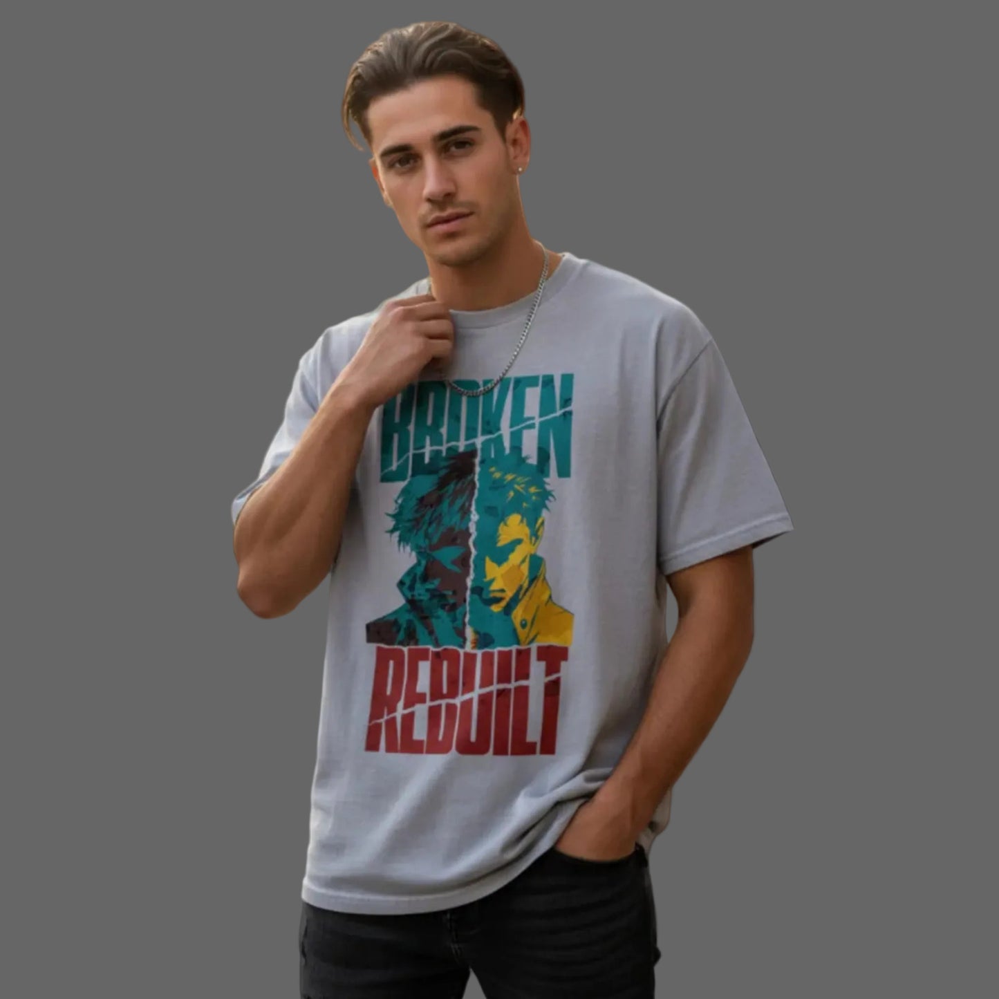 Toripros Wandel Kollektion – BROKEN REBUILT Oversized Shirt in Washed Grey, modernes Streetwear-Design mit starkem Statement