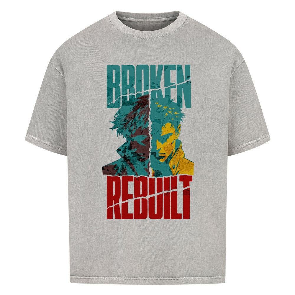 Toripros Wandel Kollektion – BROKEN REBUILT Oversized Shirt in Washed Grey, modernes Streetwear-Design mit starkem Statement