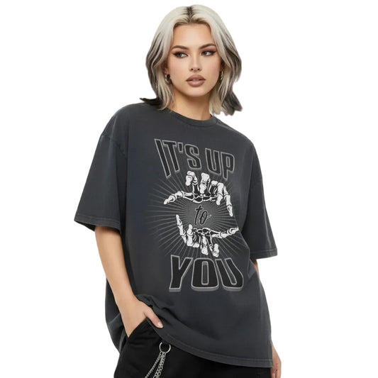 Toripros LEBEN Kollektion – IT'S UP TO YOU Oversized Shirt in Washed Black, modernes Streetwear-Design mit starkem Statement