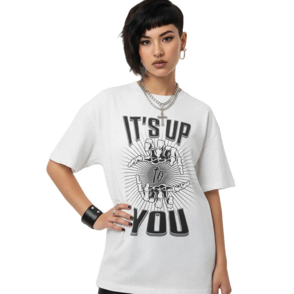 Toripros LEBEN Kollektion – IT'S UP TO YOU Oversized Shirt in Weiß, modernes Streetwear-Design mit starkem Statement