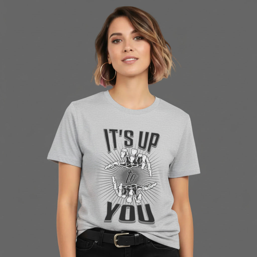 Toripros LEBEN Kollektion – IT'S UP TO YOU Premium T-Shirt in Heather Grey, modernes Streetwear-Design mit starkem Statement