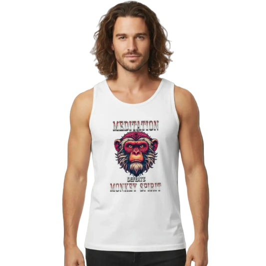Toripros STILLE Kollektion – MEDITATION defeats MONKEY SPIRIT Classic Tanktop in Weiß, modernes Streetwear-Design mit starkem Statement